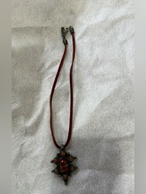 bebe Red Cord Pendant Necklace with Red and Orange Stones